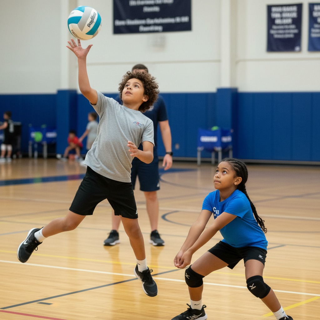 2 biracial children, Grades 3-8, in a training volleyball session: one Spiking, the other digging the ball facing the net with a regular, light, volleyball-sized.