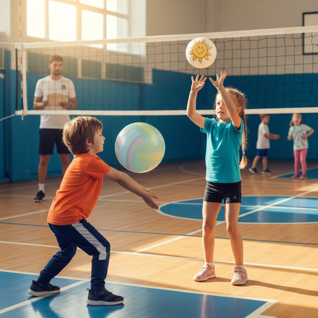 2 children, K to Grade 2, in a training volleyball session: one setting, the other passing with a smaller, volleyball-sized balloon.